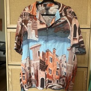 H&M Venice Print Button Up Shirt Mens XL Short Sleeve Graphic Vacation Shirt